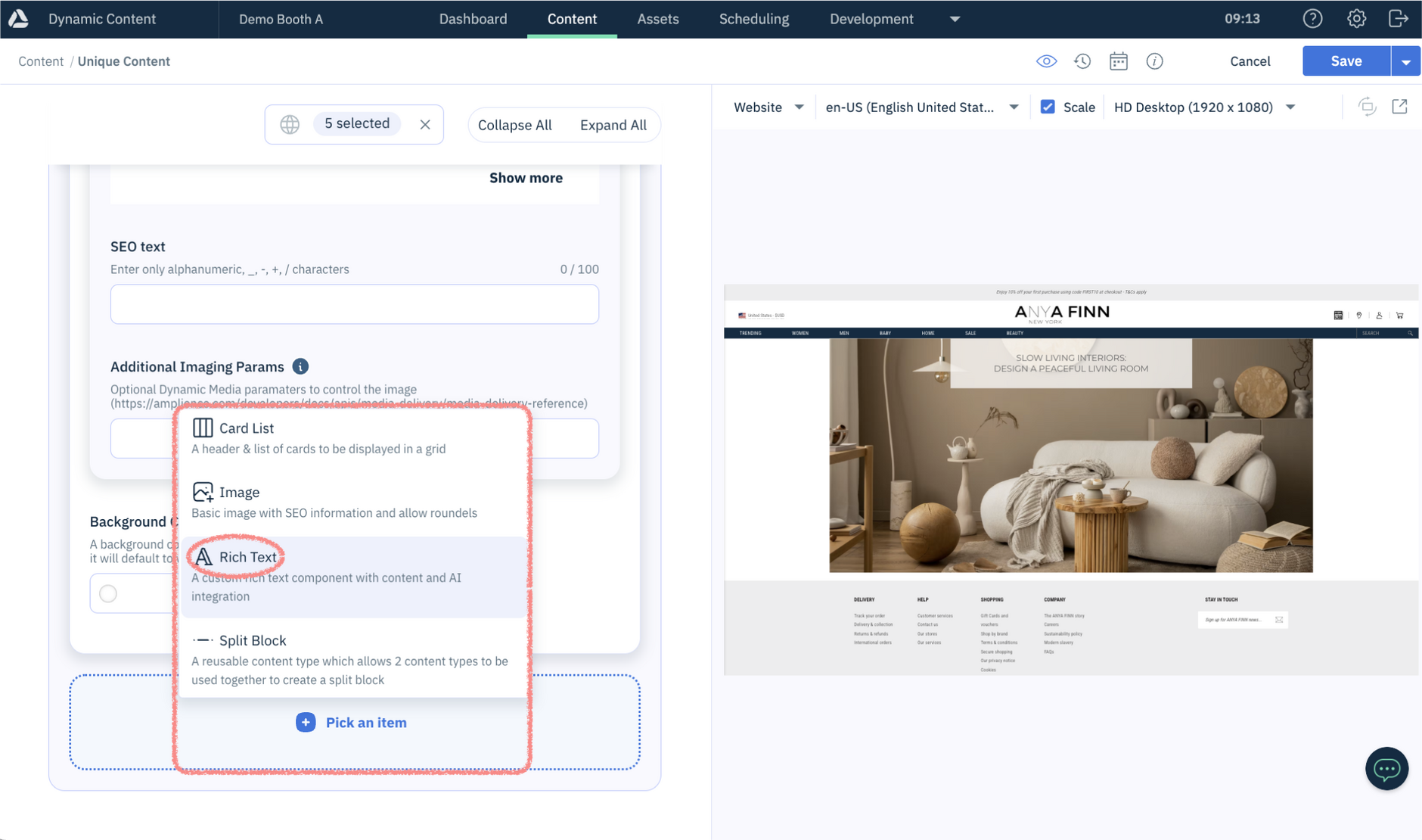 Selecting to add a text block