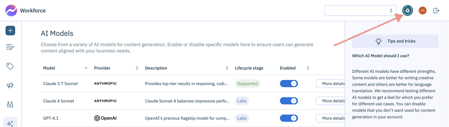 You can see how many credits you have left by hovering over the icon at the top of the Workforce window