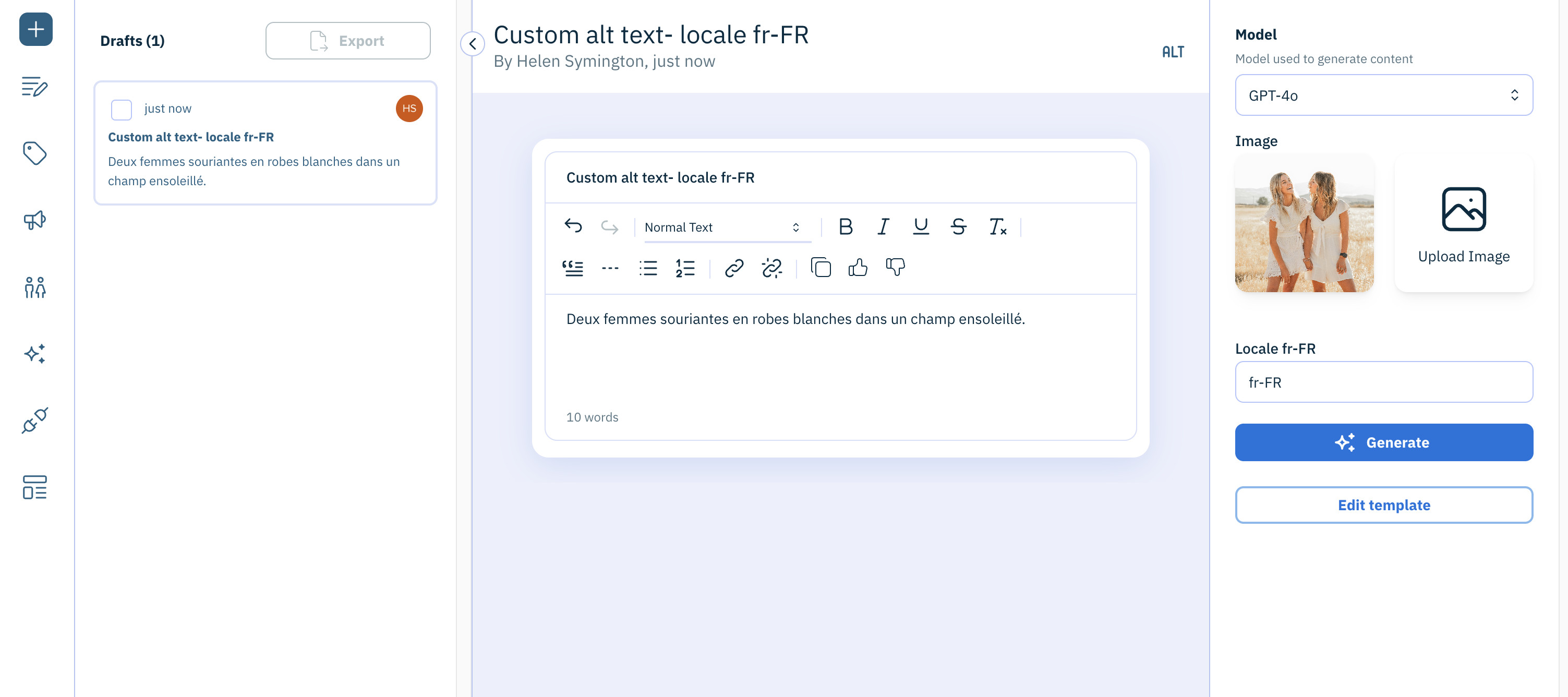 Alt text generation for image using a custom template