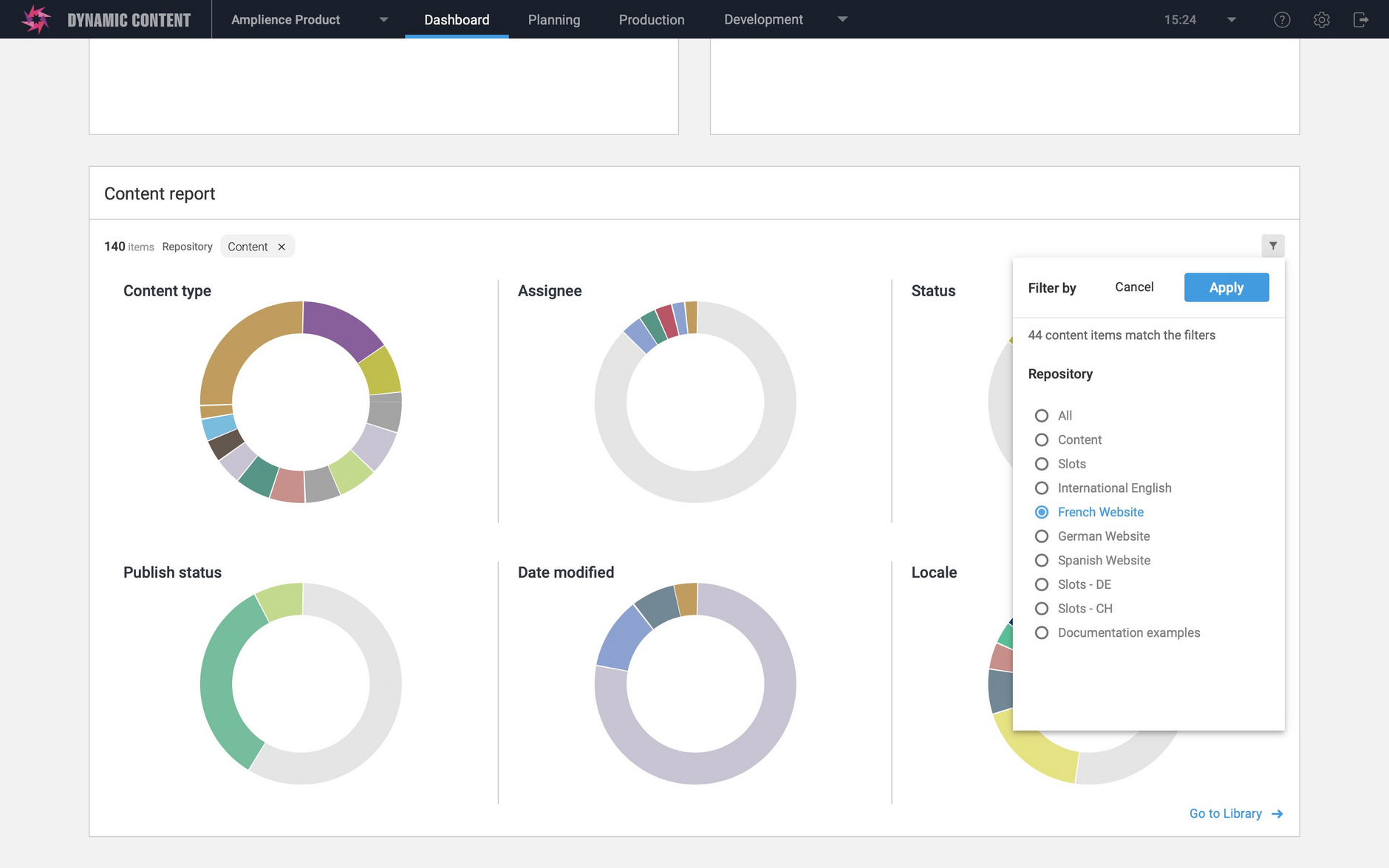 You can choose to filter the content report to only show a summary of content in the specified repository