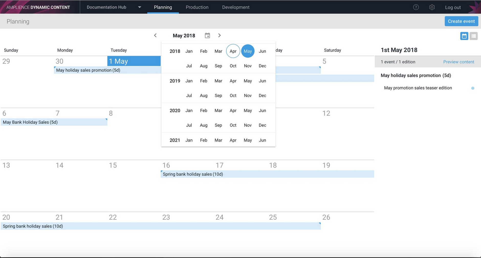 Date selection in the planning view