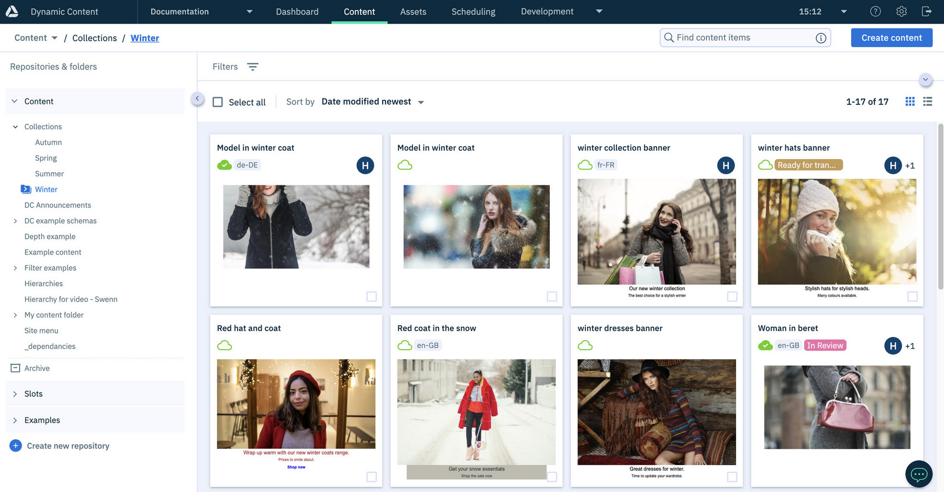 Dynamic Content is organized into tabs for managing content, assets, scheduling and development