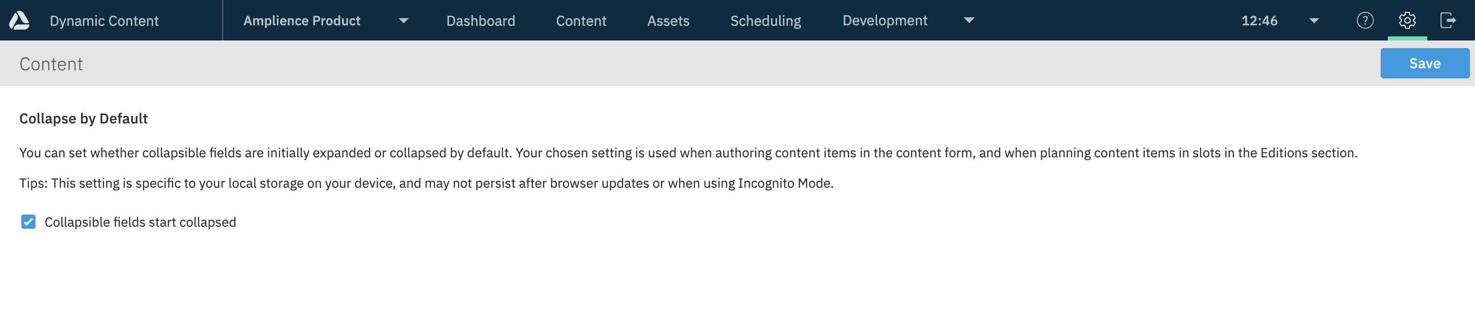 Content settings dialog for setting collapsible fields initial state