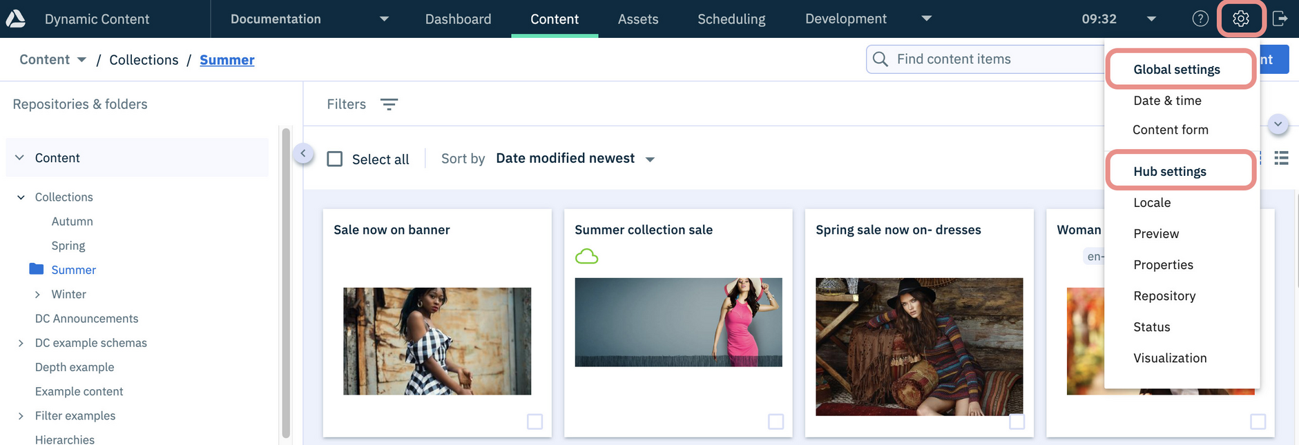 Dynamic Content settings menu