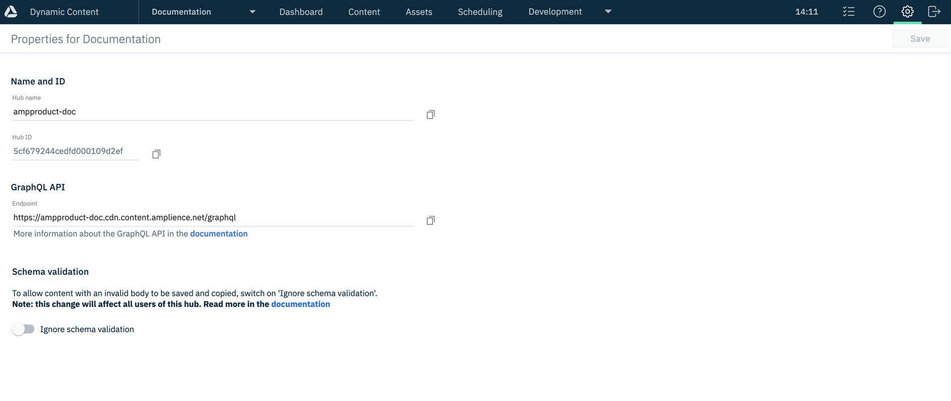The Dynamic Content hub settings window