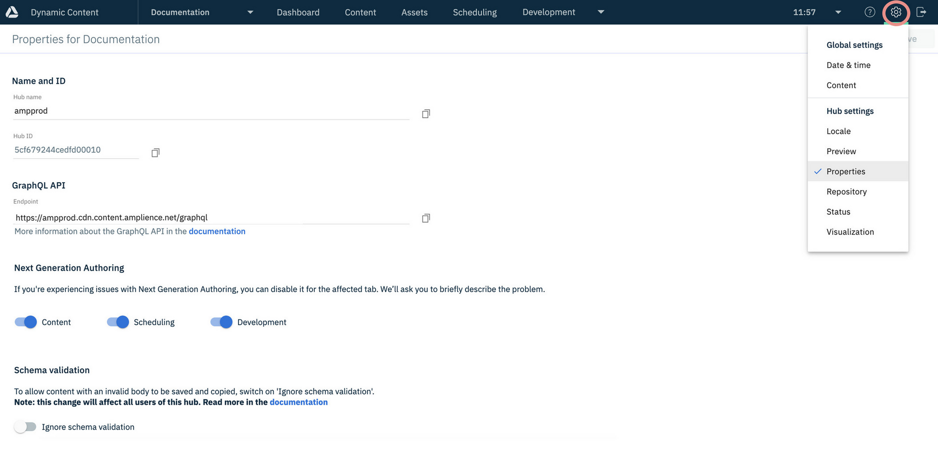 The hub settings window