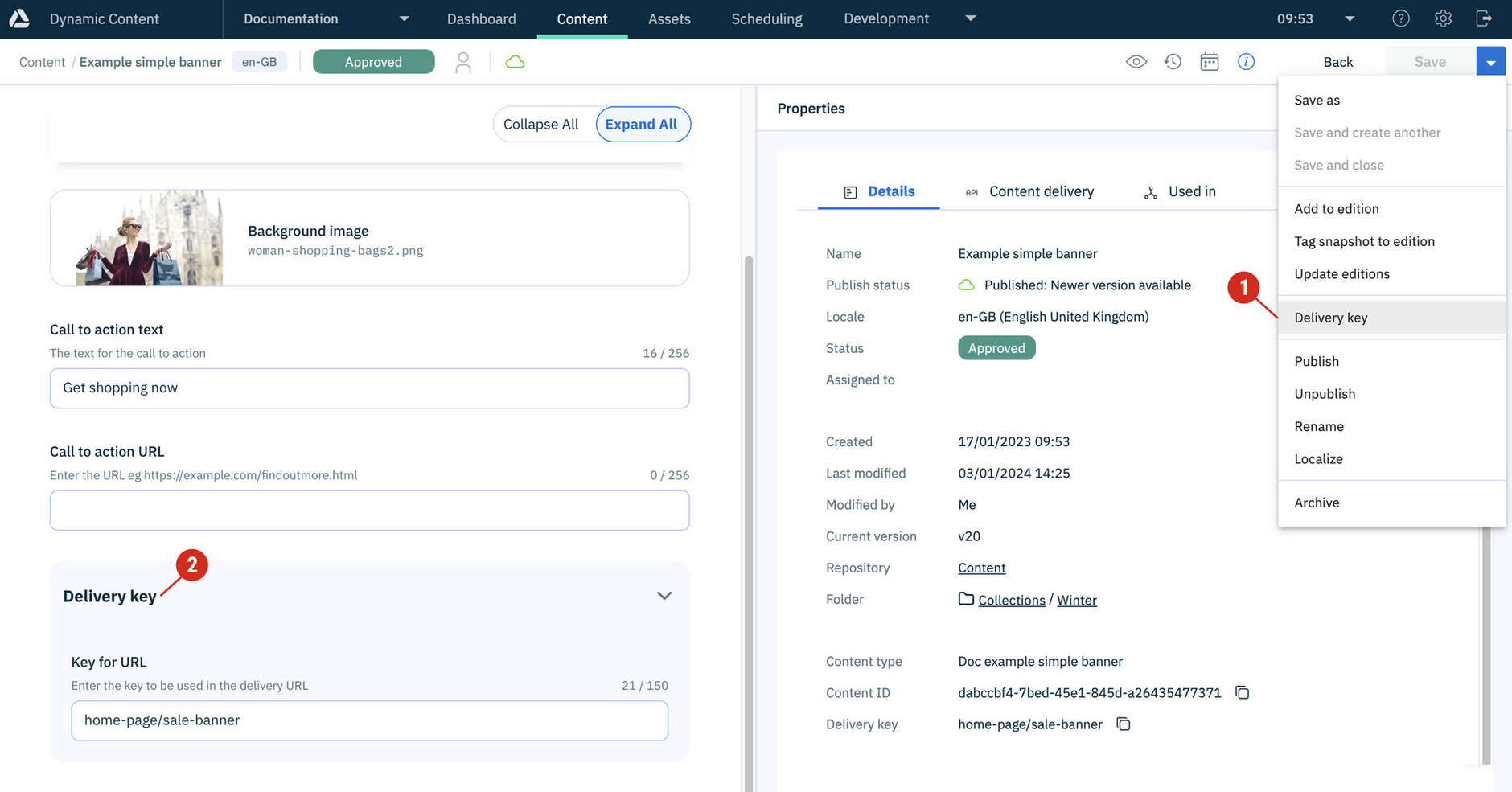 Example of where to add a delivery key in a content form