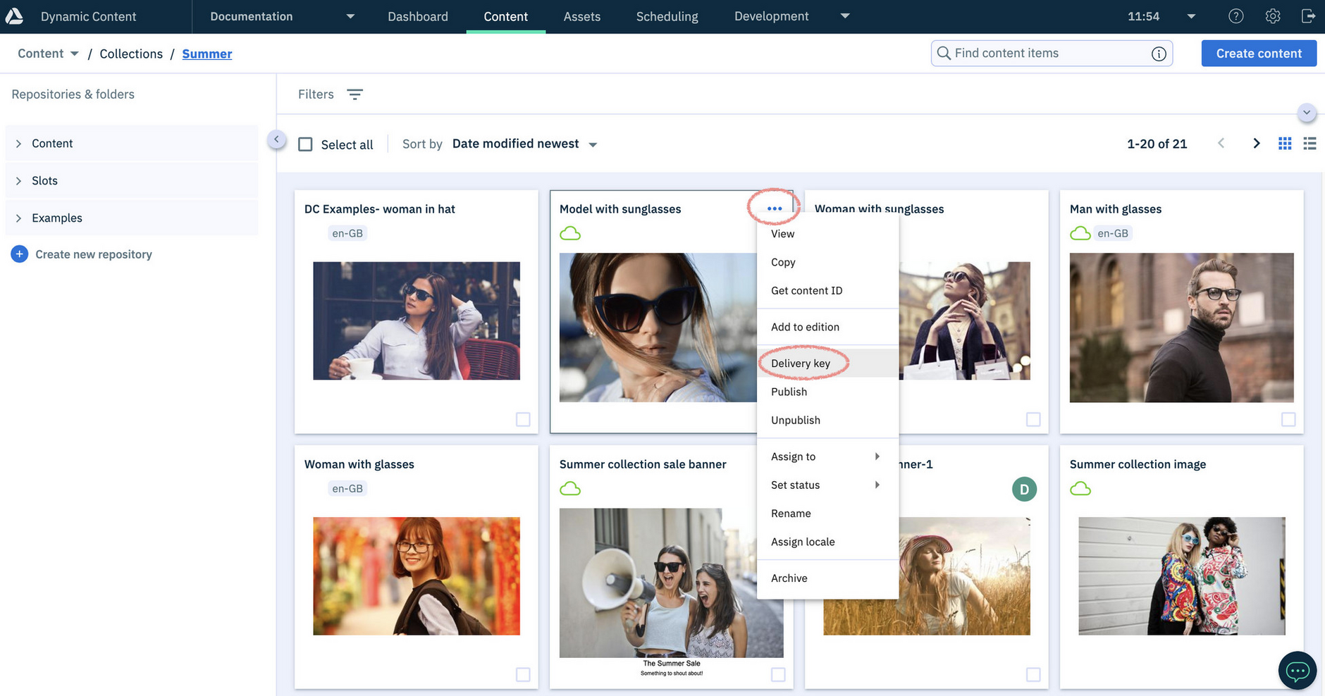 Add a delivery key to a content item or slot from the content library