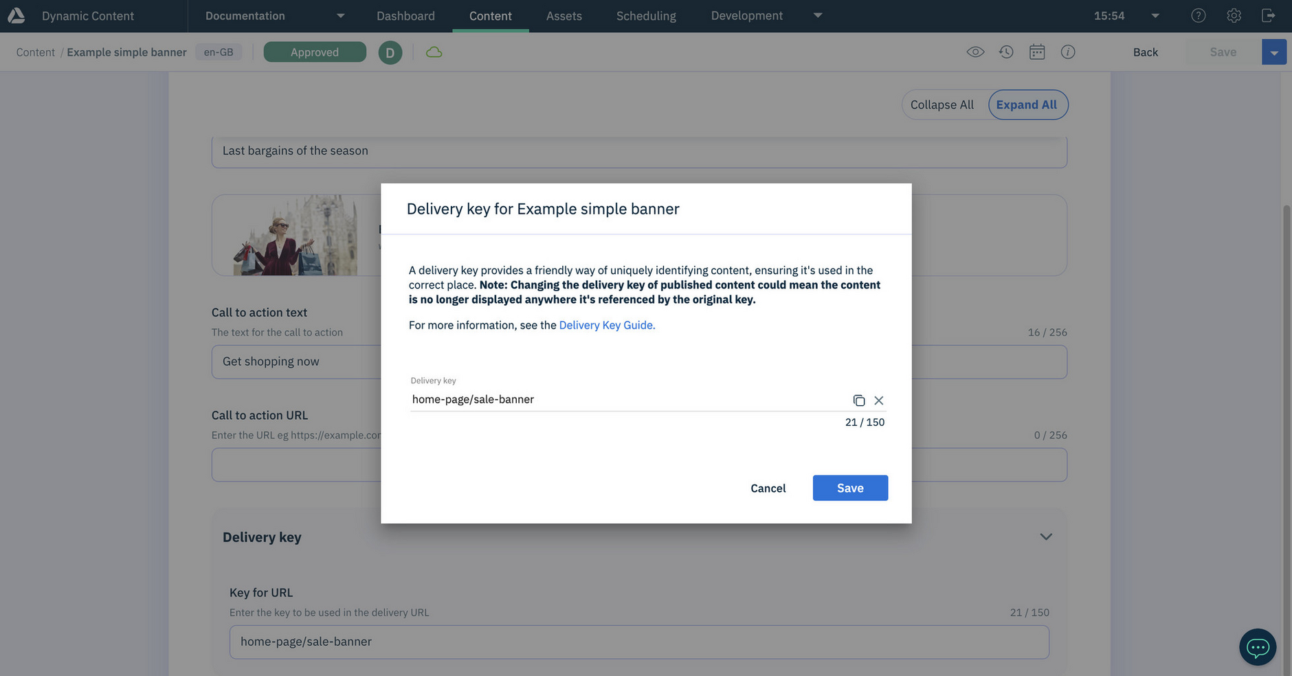 Adding a delivery key to the banner content item