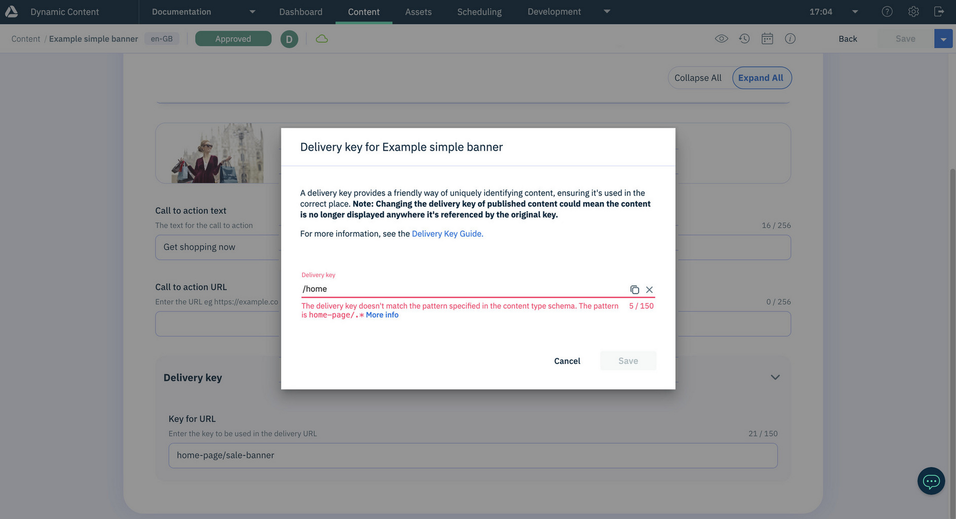 A content item with an invalid delivery key cannot be saved