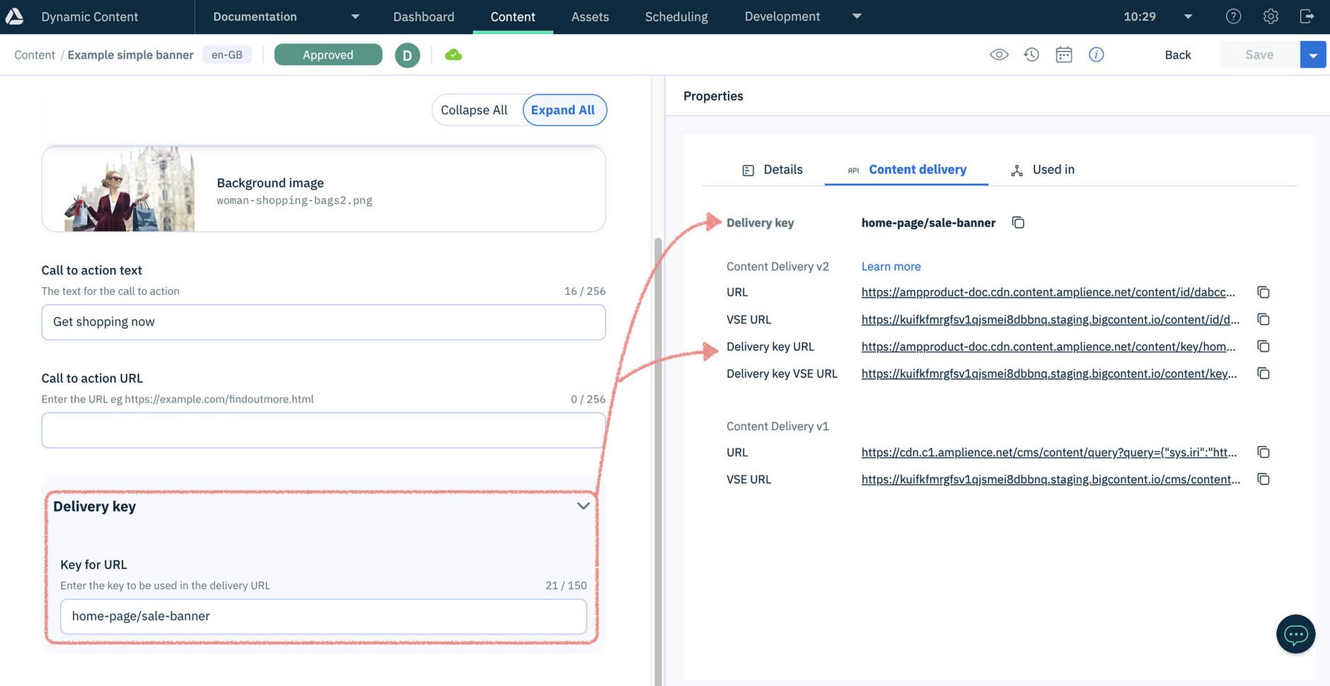 When the delivery key has been saved the delivery key URL is updated in the properties section