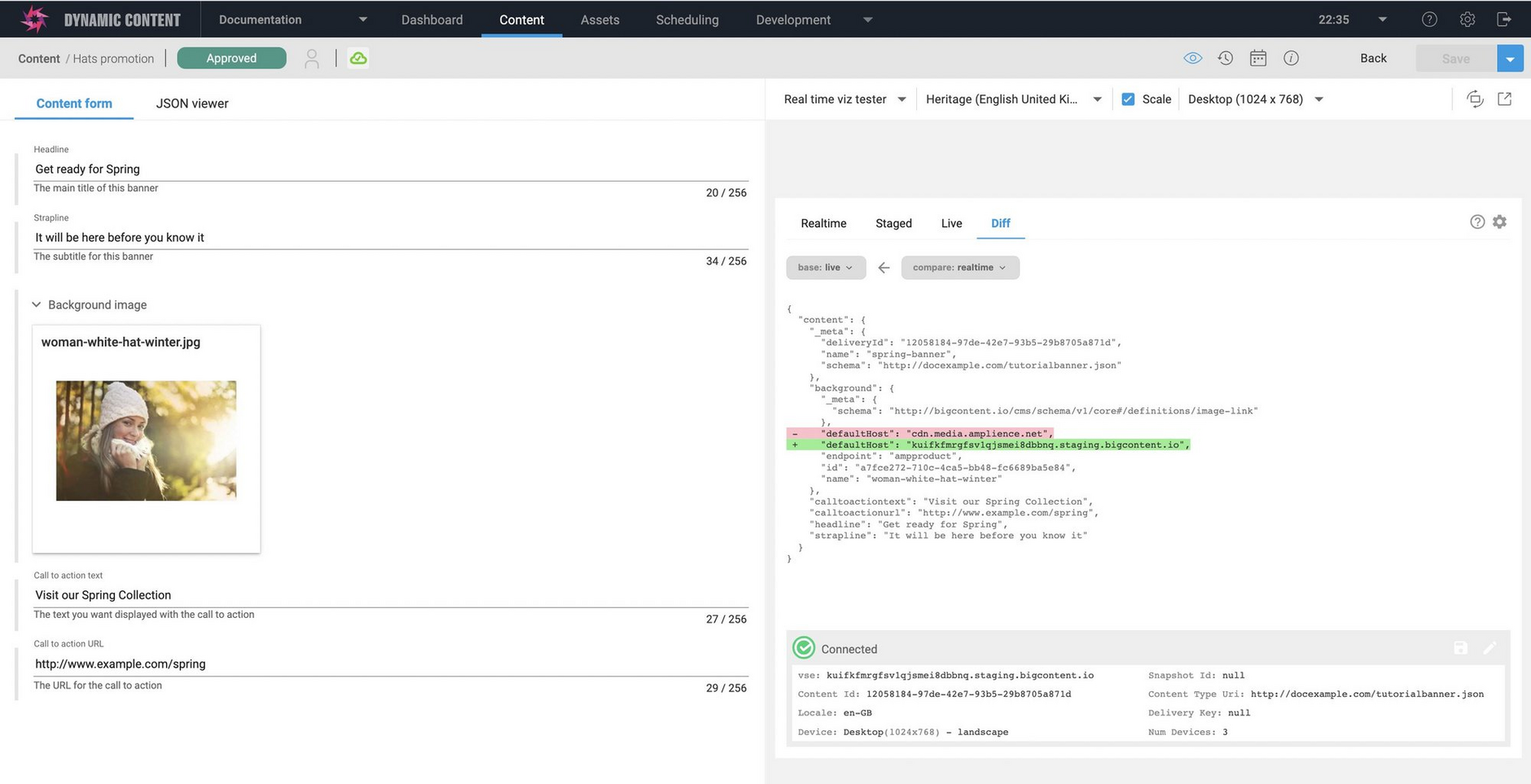 The delivery preview visualization can be used for debugging. It allows you to compare published, stage and realtime content.