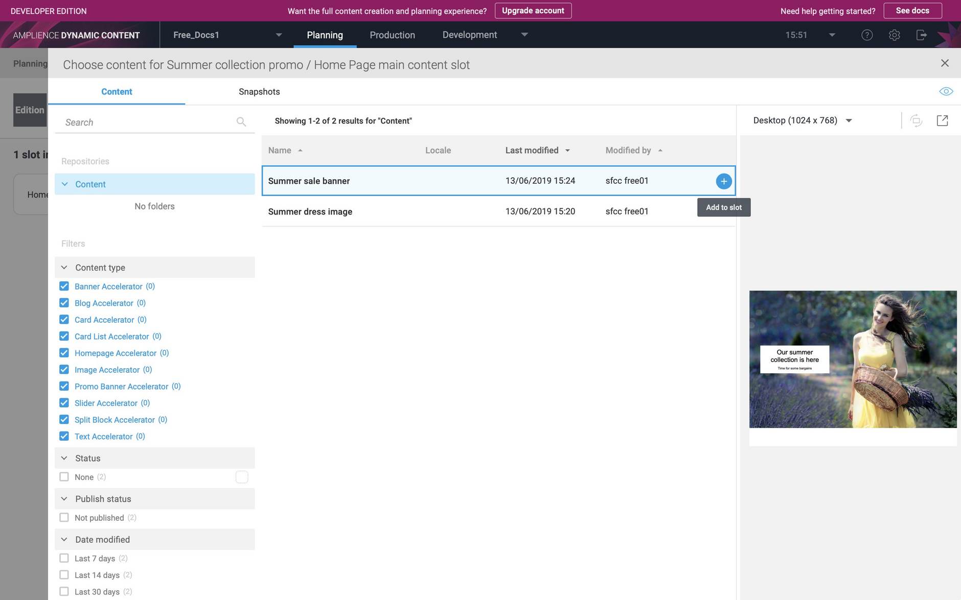 Choose content to add from the content browser