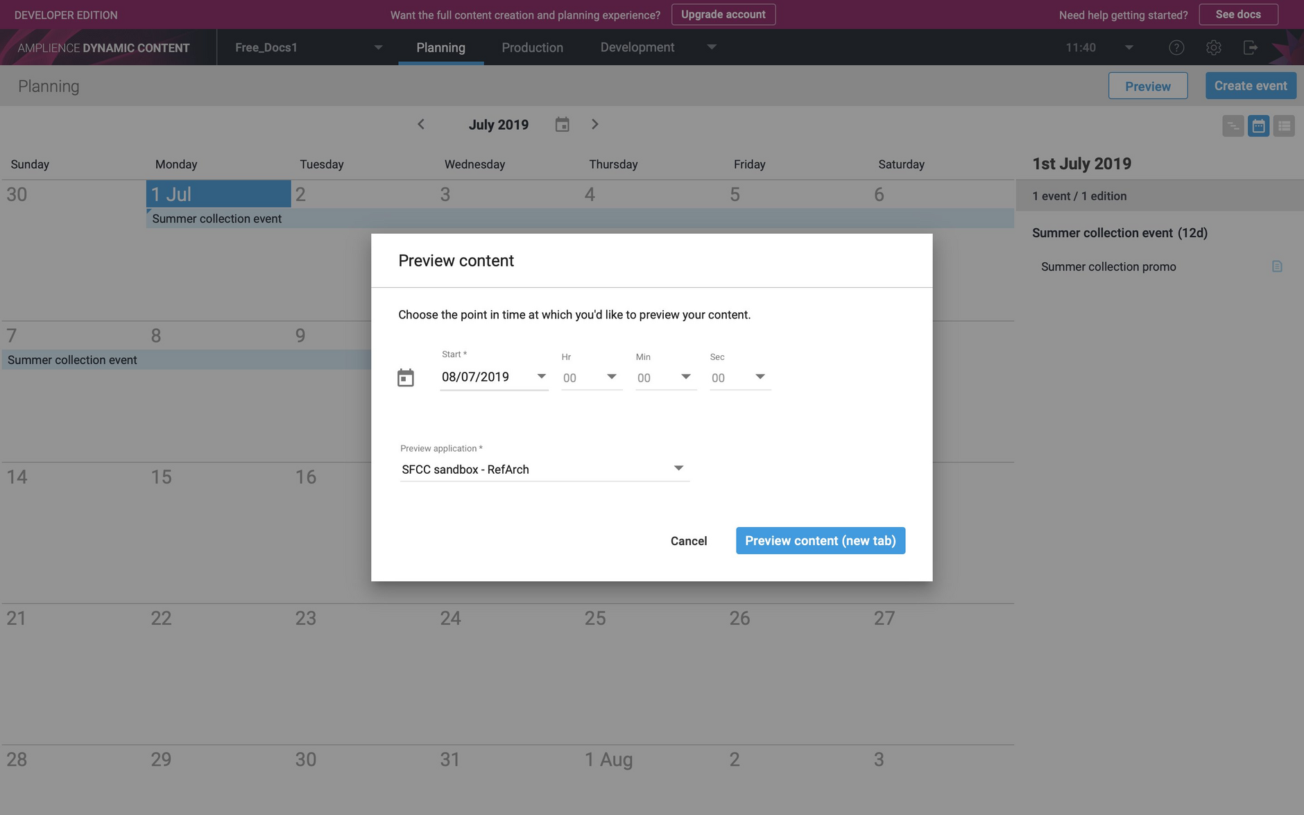 Choosing a date to preview the content in SFCC Storefront