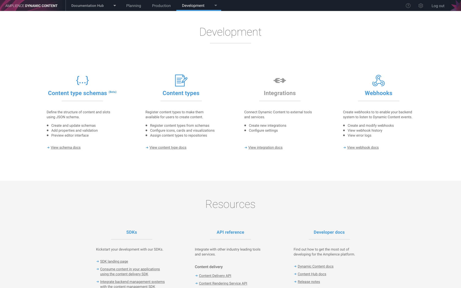 The development landing page