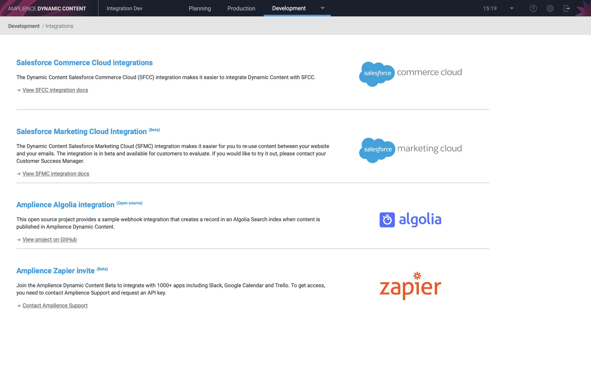 The integrations home page has been updated to provide easy access to information about the SFMC and Algolia integrations