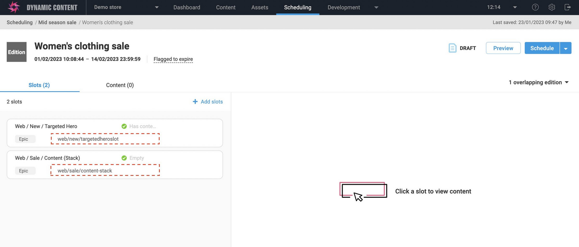 Editions page showing slots with delivery keys