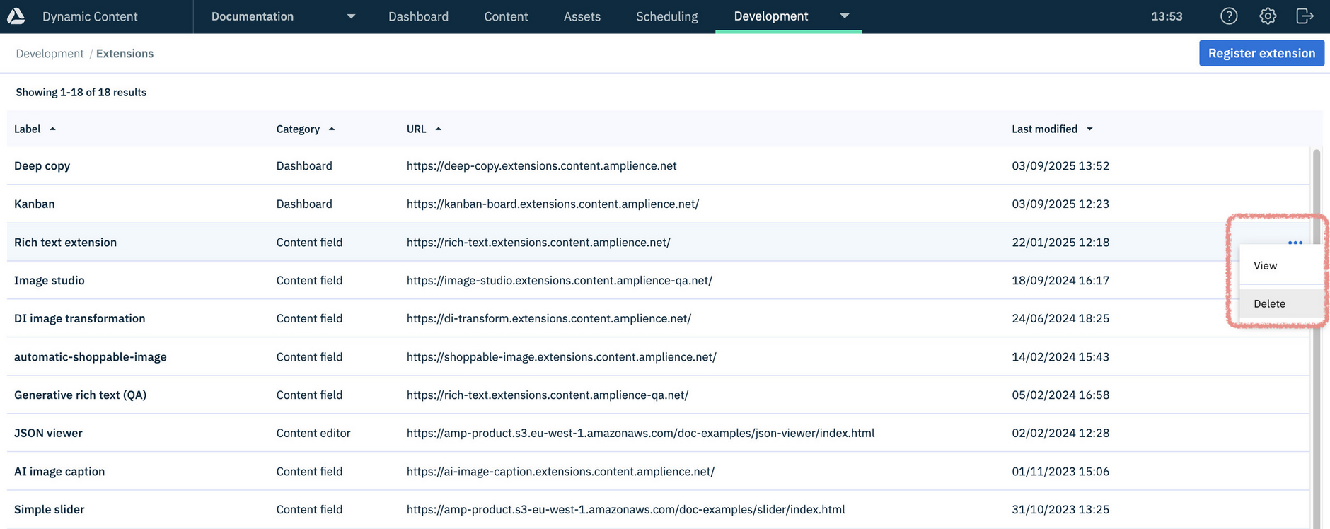 Deleting a registered extension