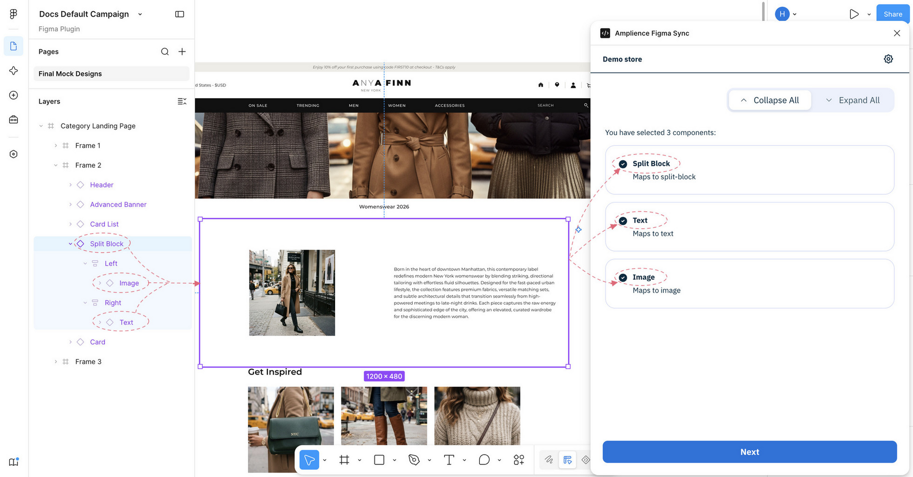 Figma with component instances selected and their corresponding names shown in the Amplience Figma Sync plugin