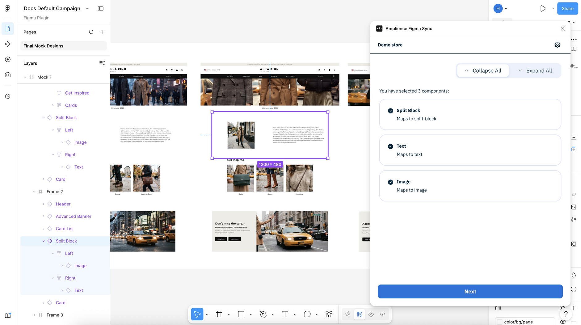 Figma with the selected instances listed in the Amplience Figma Sync plugin