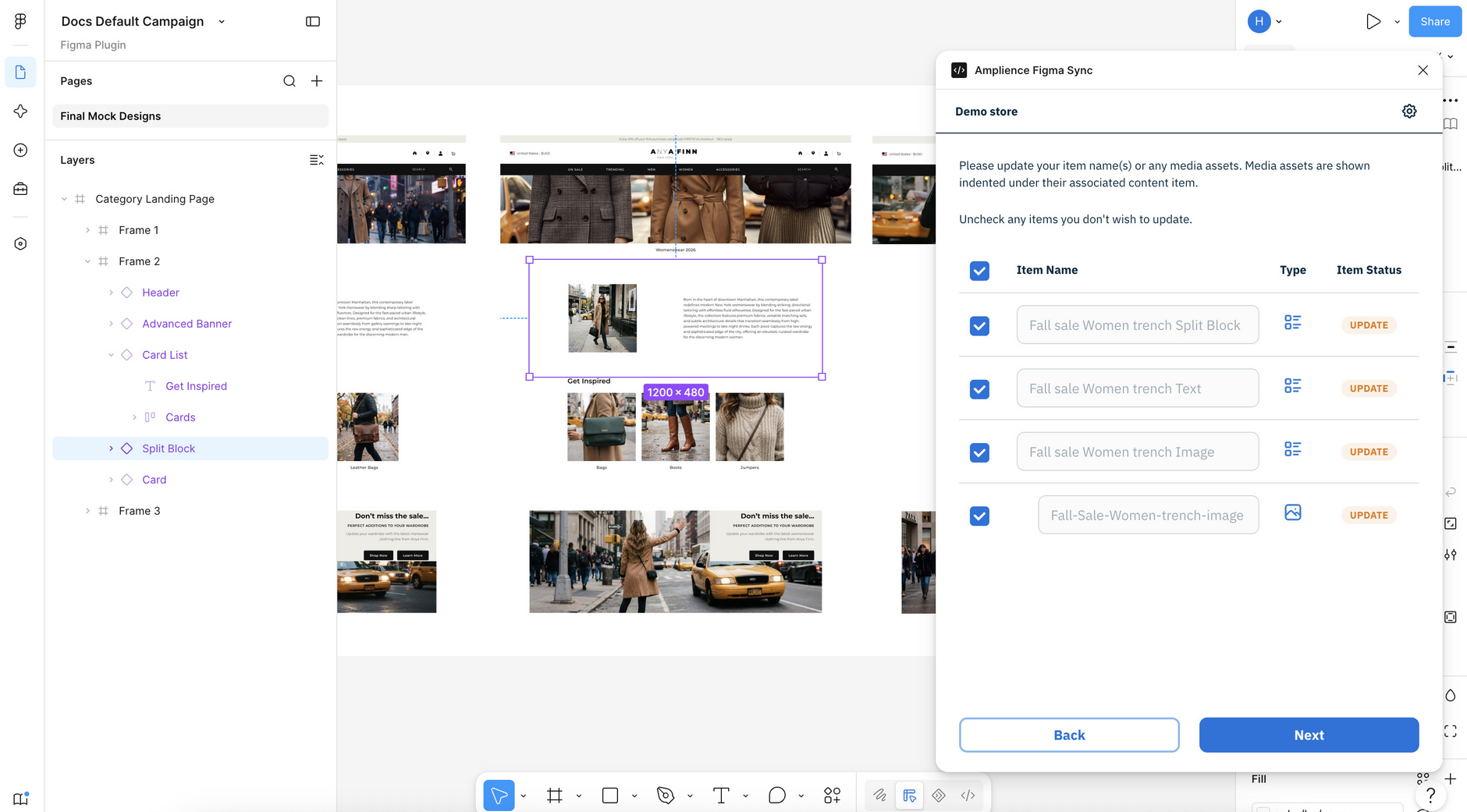 Amplience Figma Sync plugin screen for reviewing and setting item names