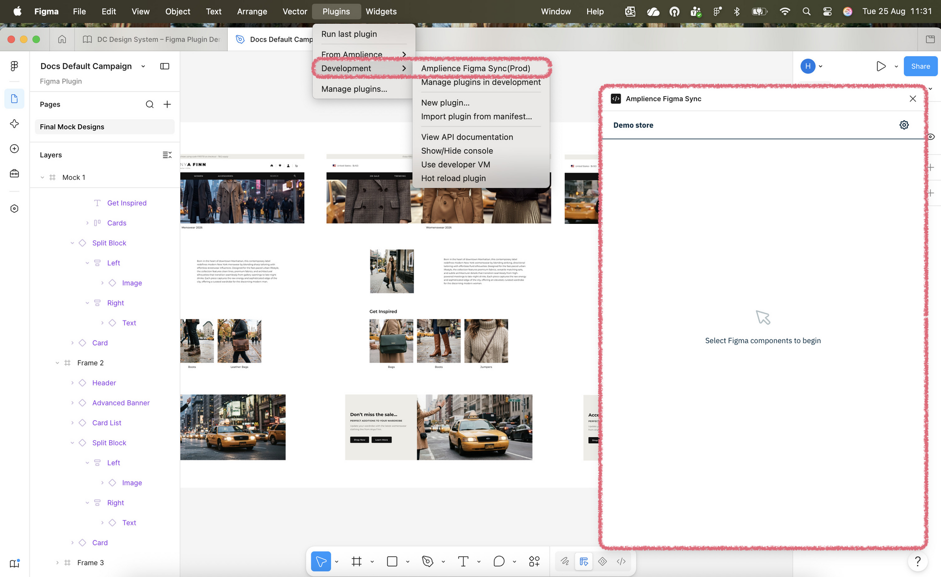 Figma with the Amplience Figma Sync plugin menu