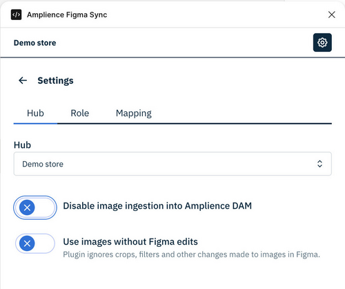 Amplience Figma plugin settings selected showing hub and repository selection, Disable image ingestion selection option and Use uncropped images option