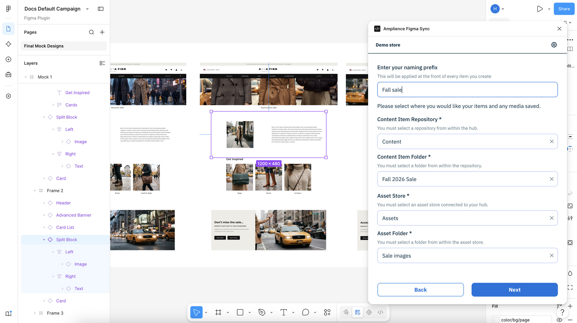 Amplience Figma Sync plugin screen for setting name prefix and content destination