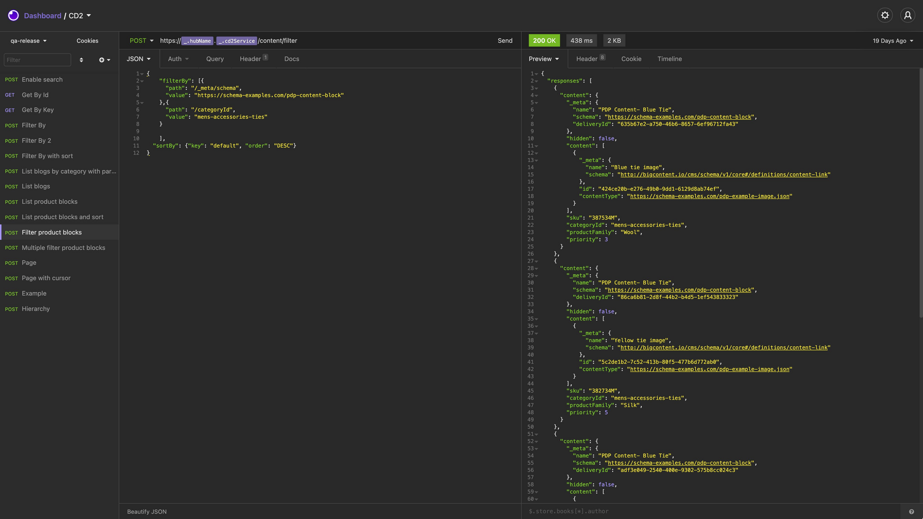 An example filter API request and response.