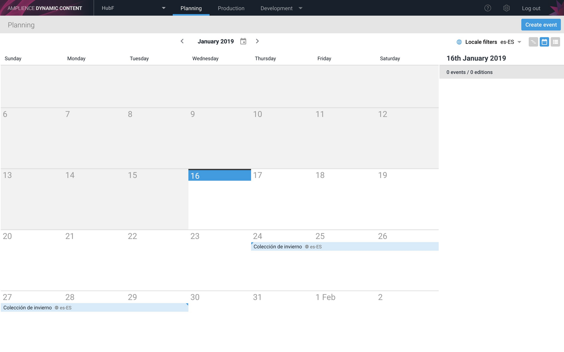 Locale filtering is also available in the calendar and list views