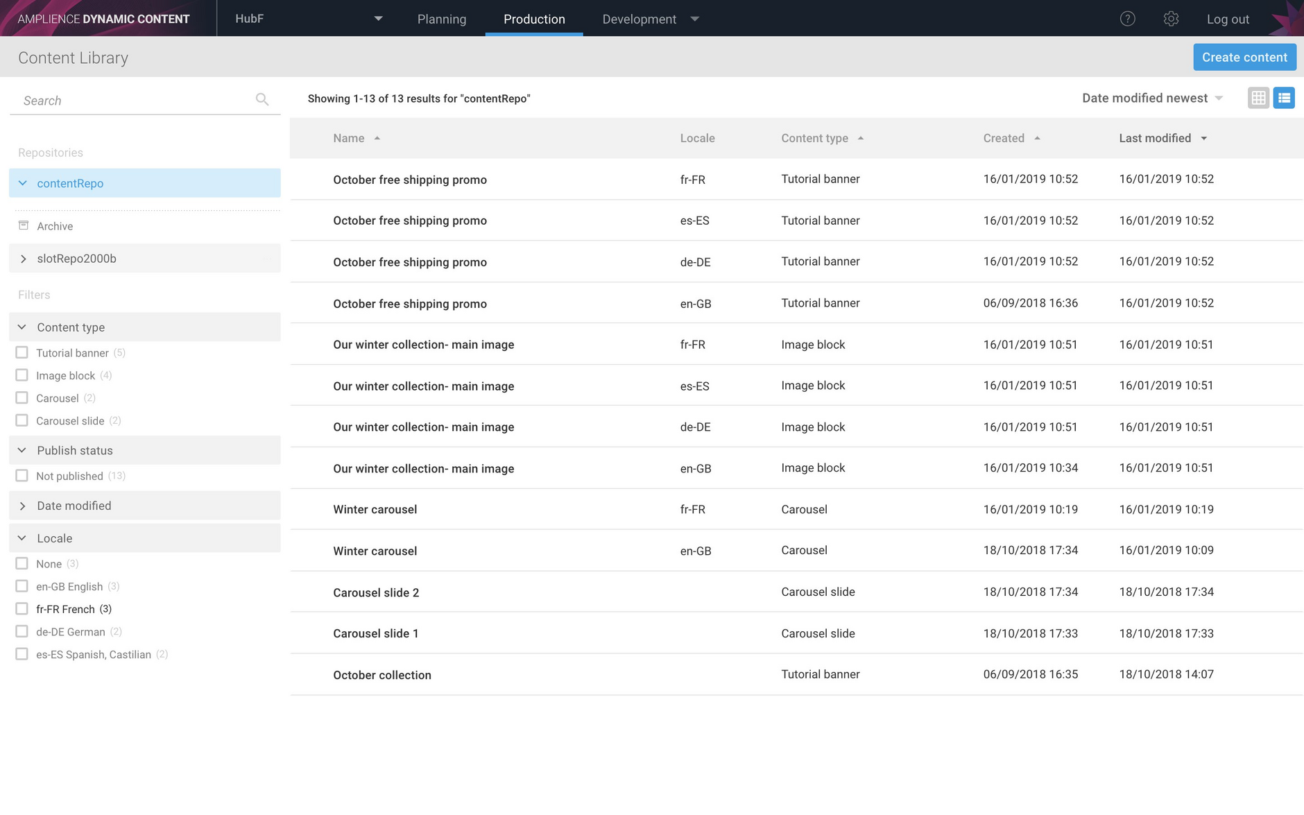 The Locales facets display the locales which have been assigned to content in this repository