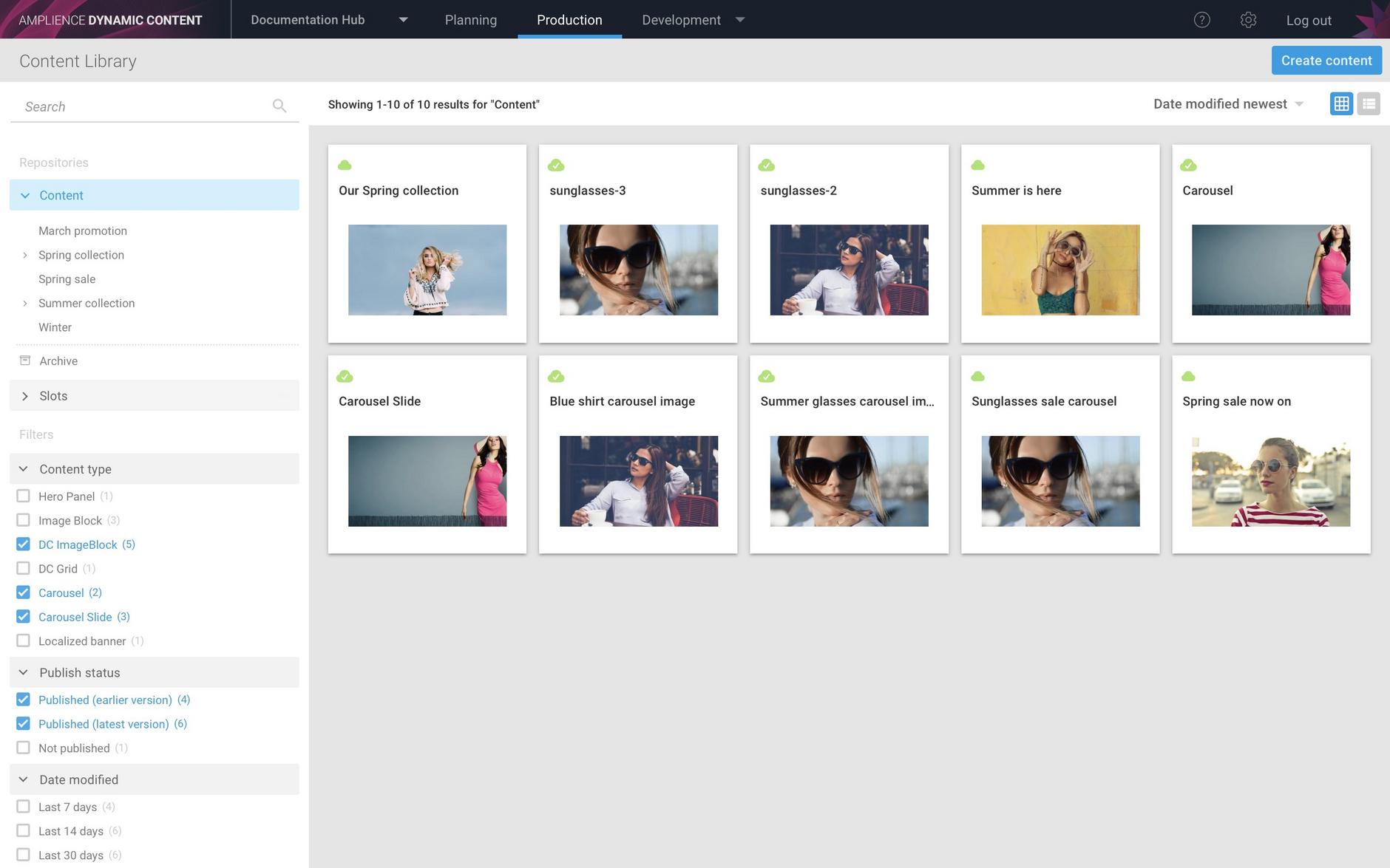 Filtering using multiple content types and publish status