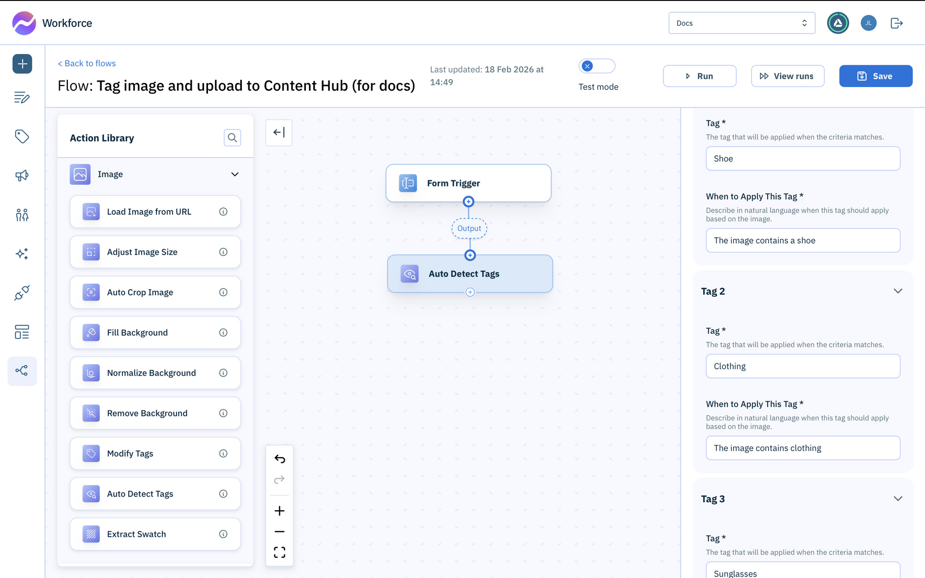 Add the Auto detect tags action to the flow