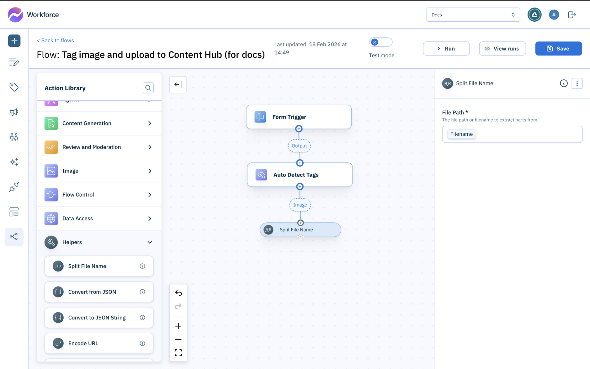 Add the Split file name helper action to the flow