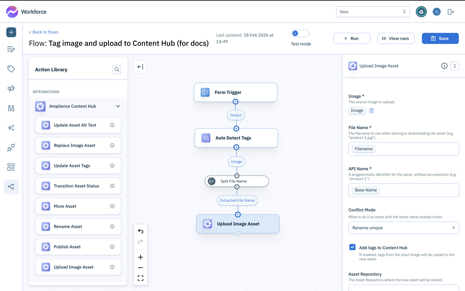 Add the Upload image asset action to the flow