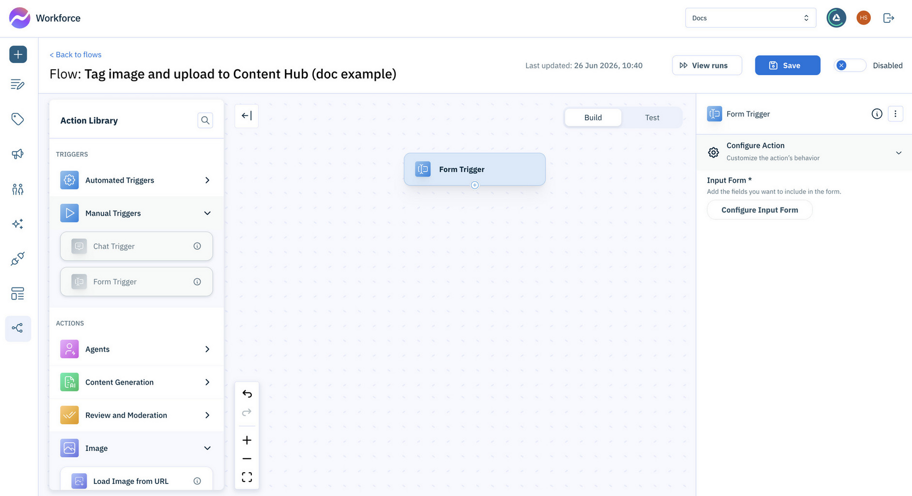 Add the form trigger action used to start the flow