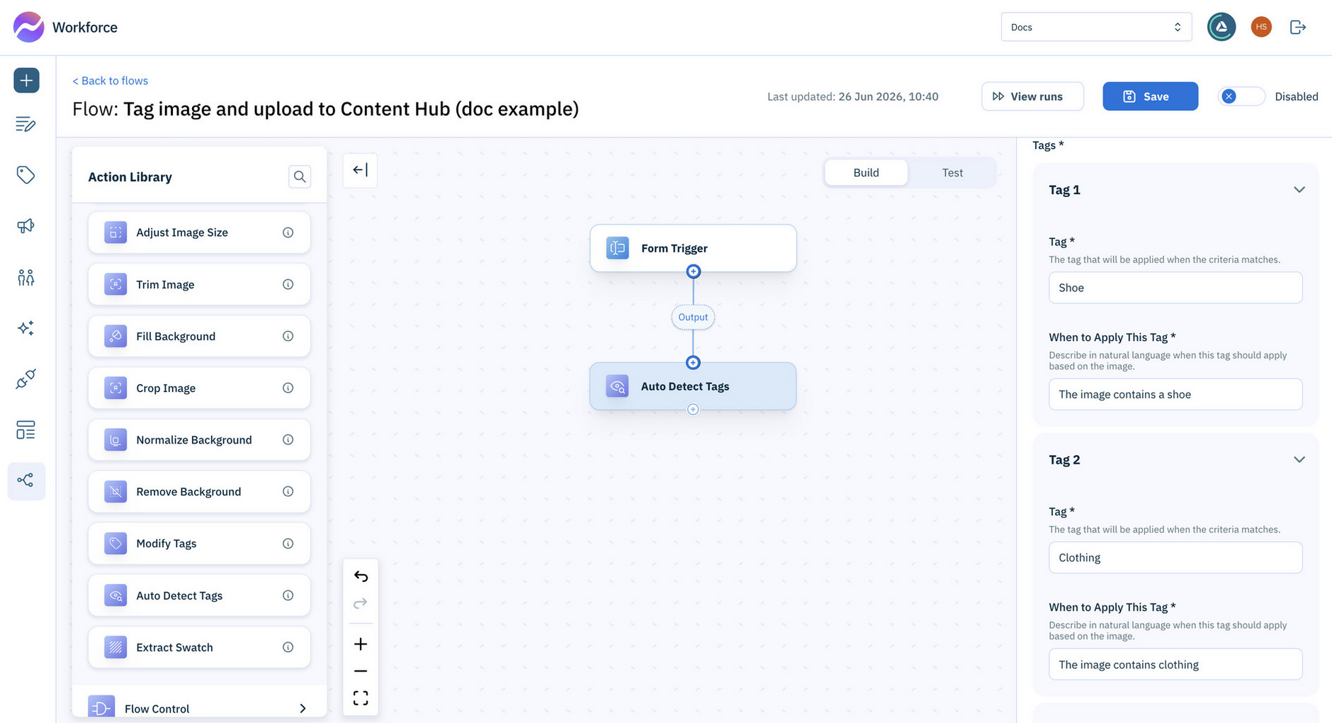 Add the Auto detect tags action to the flow