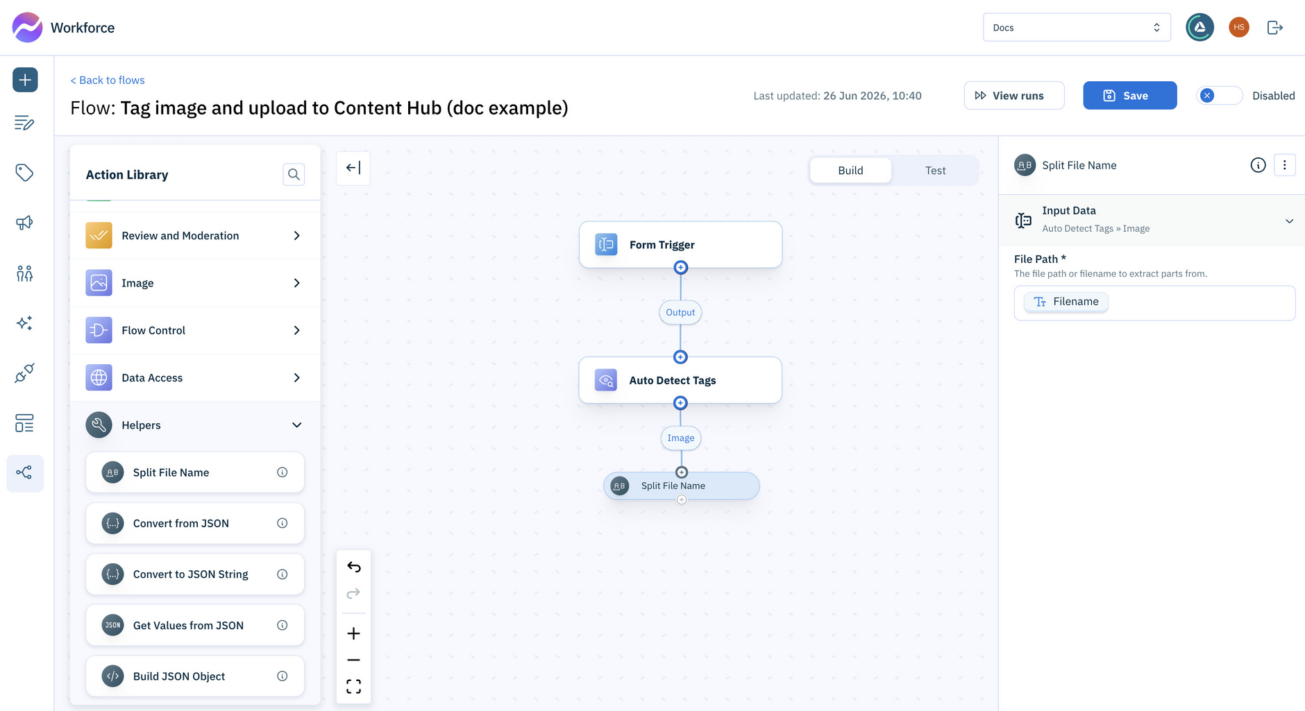 Add the Split file name helper action to the flow