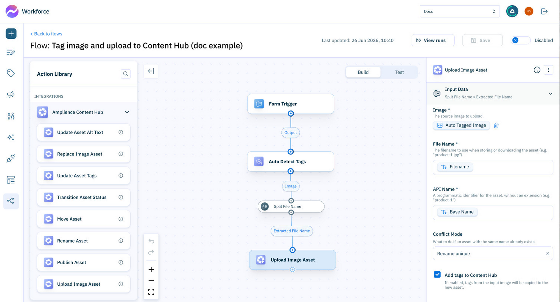 Add the Upload image asset action to the flow