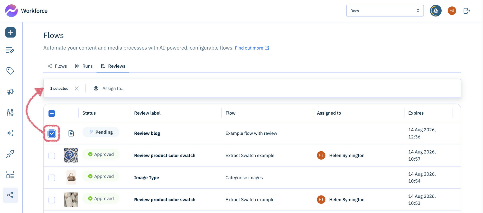Workforce Flows showing the list of review tasks for the hub