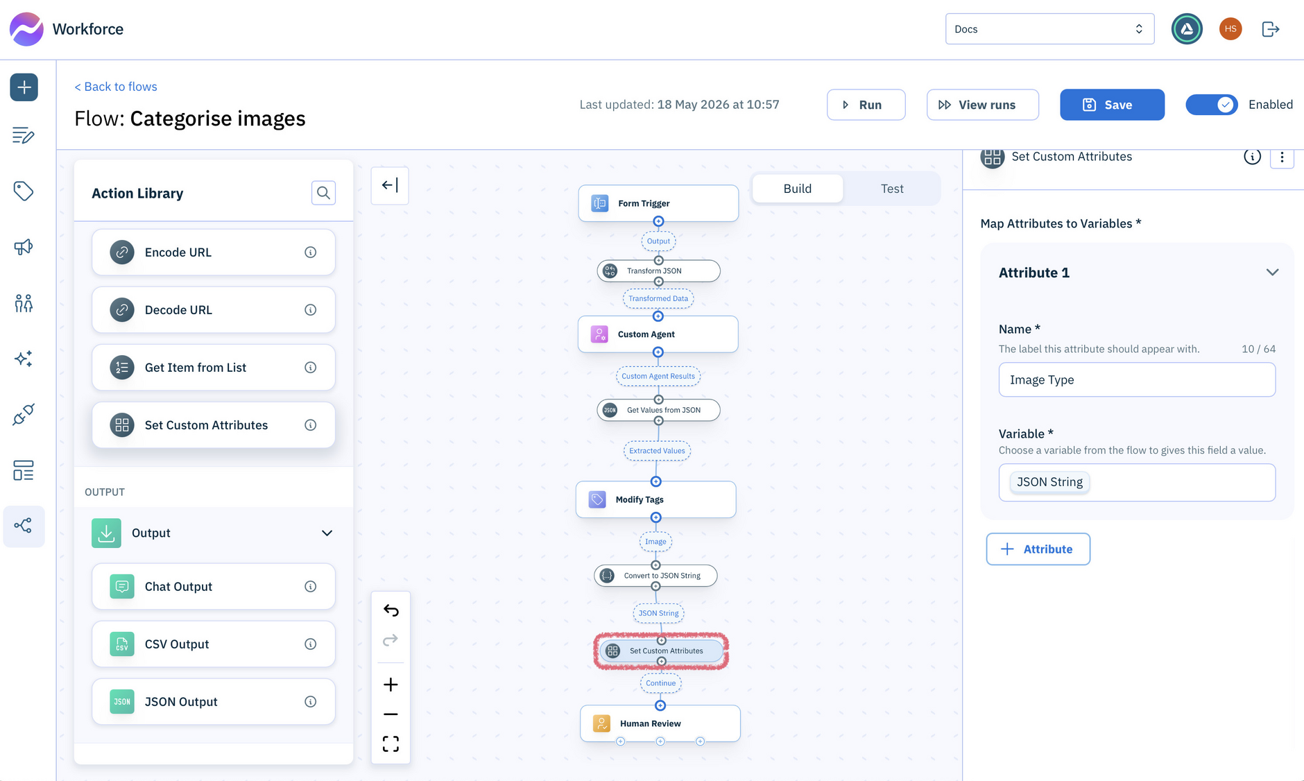 Workforce Flows editor showing a flow with the Set Custom Attributes action