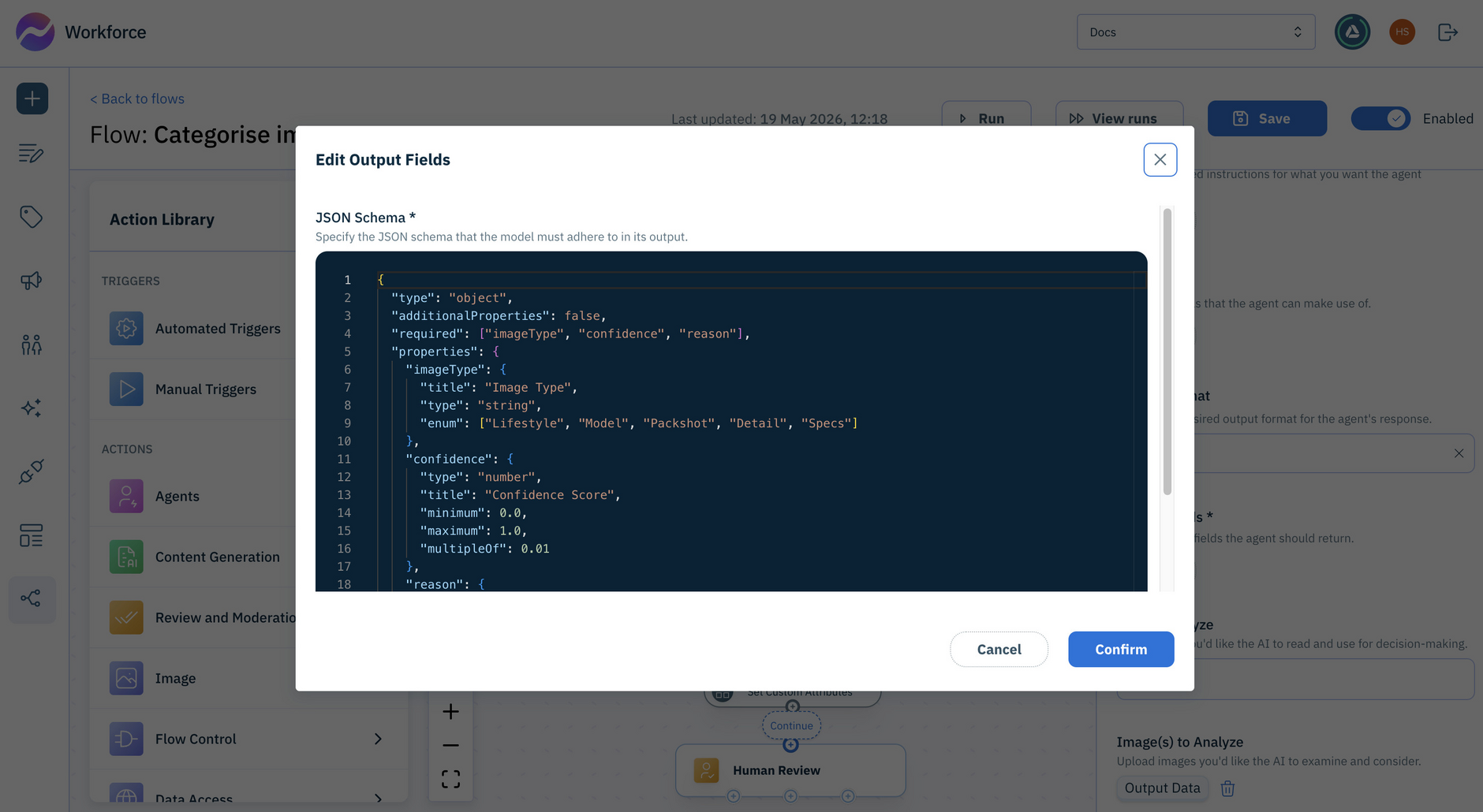 Workforce Flows editor showing output of the Custom Agent action