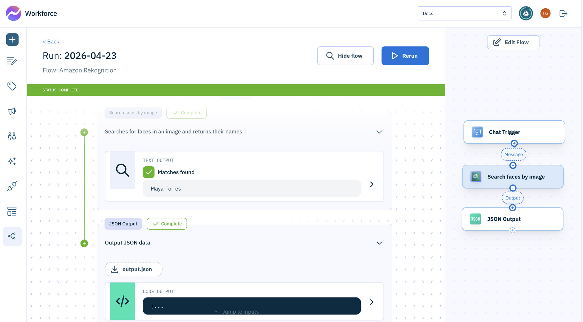 Workforce Flows showing the Search faces by image action in a flow
