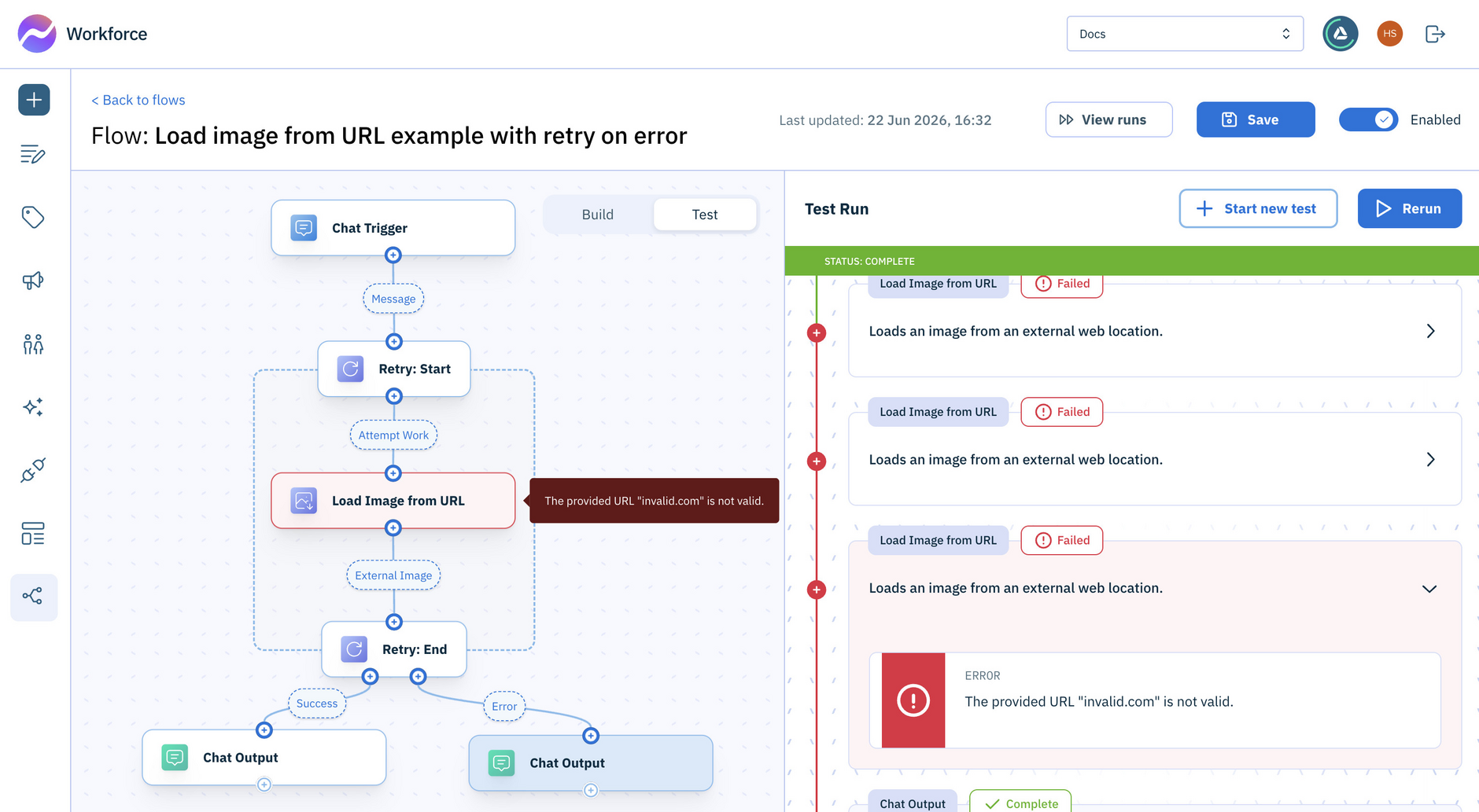 Workforce Flow editor with an example of the Retry on Error action