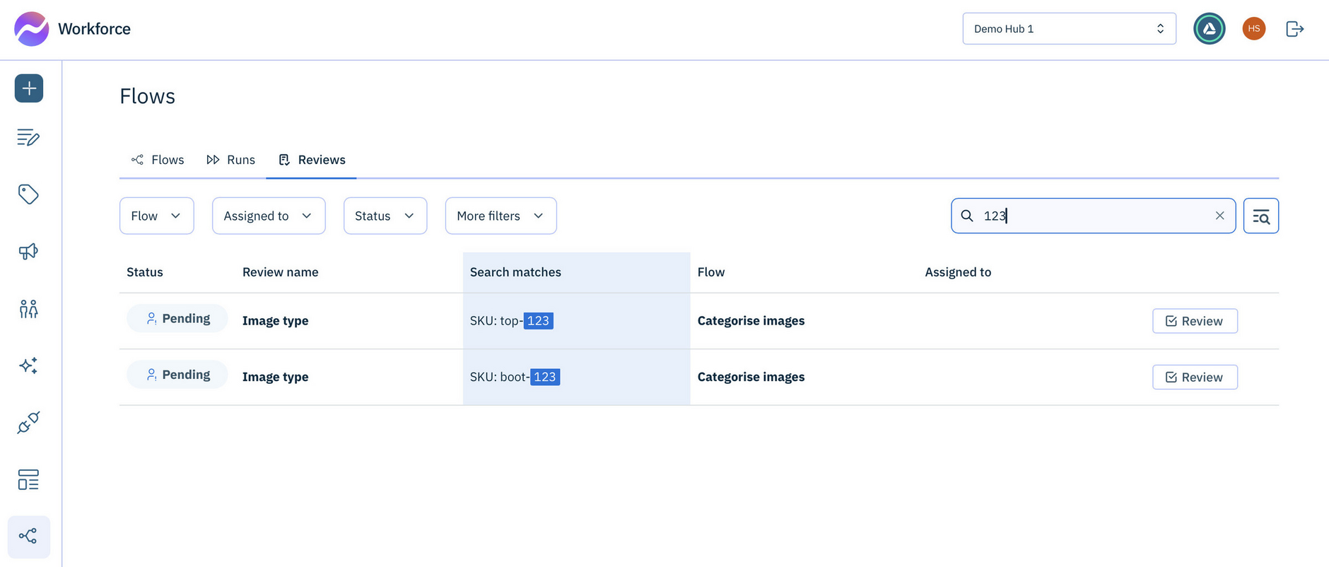 Workforce Flow reviews list with a search example