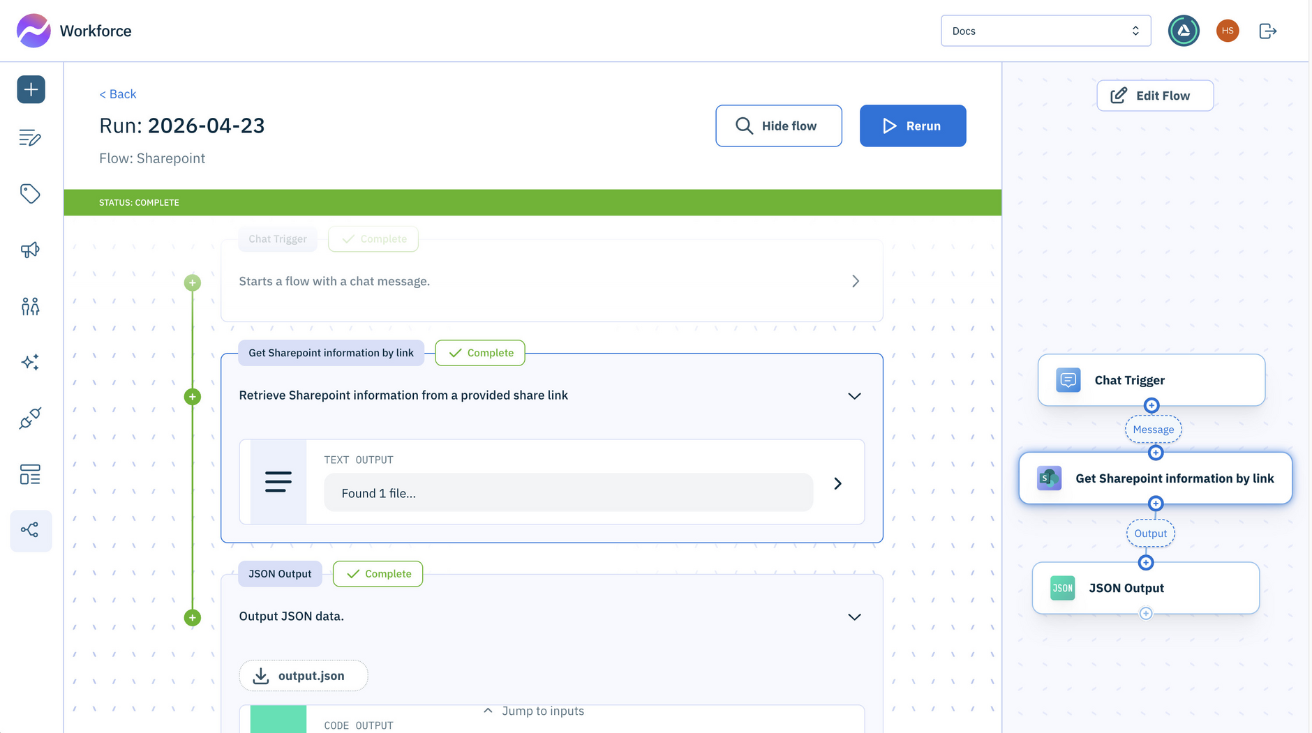 Workforce Flows showing the Get SharePoint information by link action in a flow