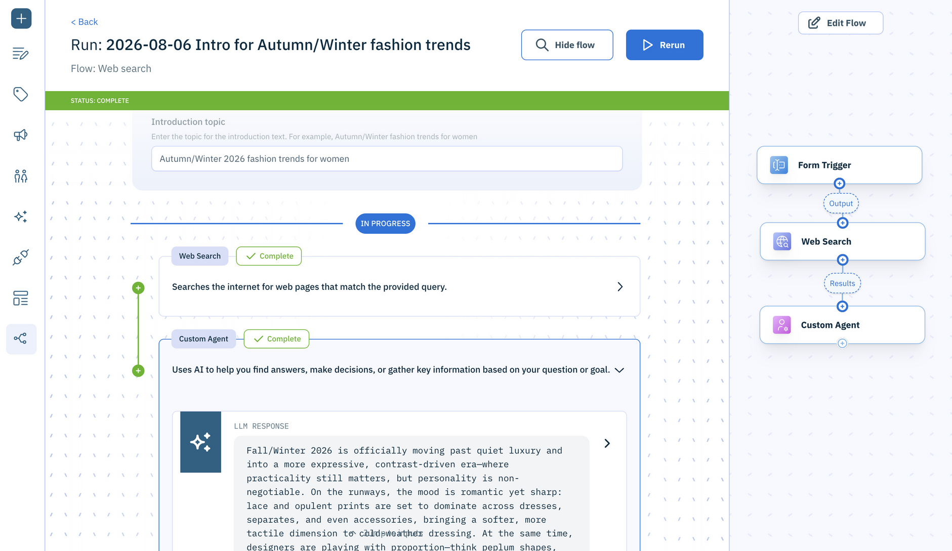 Workforce run window showing the Web Search action in use