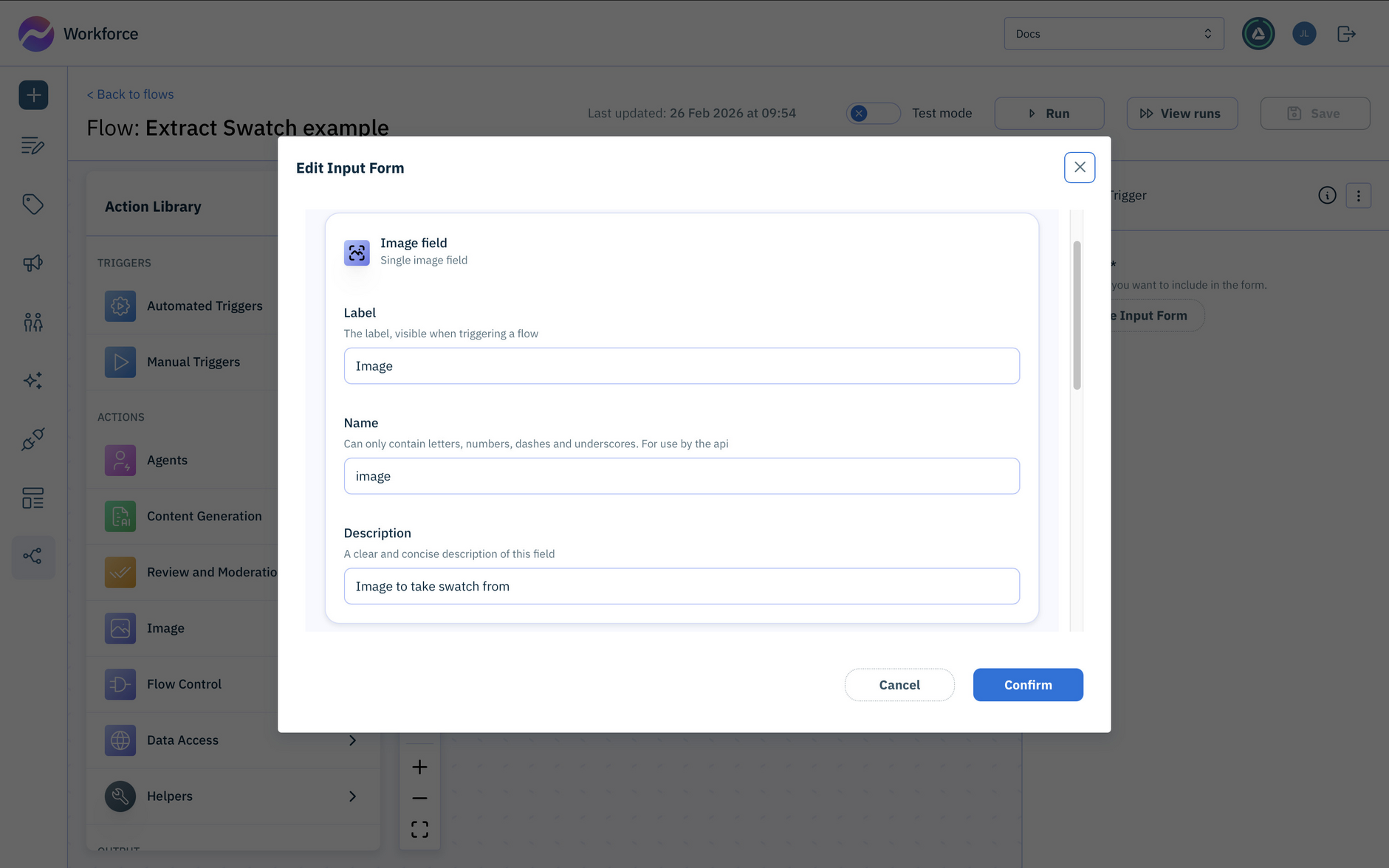 Configure the form action with fields for the image and product name