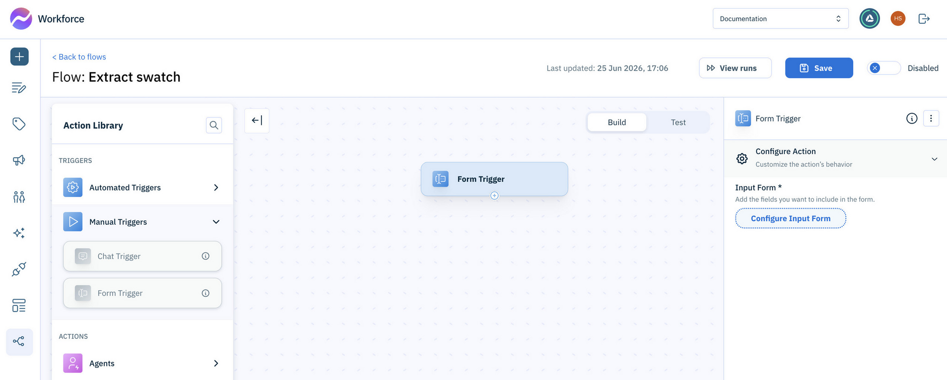 Add the form trigger action used to start the flow