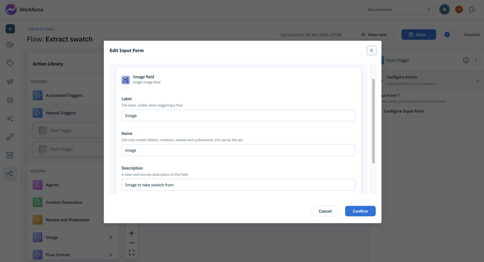 Configure the form action with fields for the image and product name
